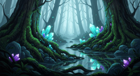 a serene forest landscape featuring glowing crystals and a small stream, with mossy trees and rocks creating a mystical atmosphere. It's magicalの素材