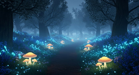 A magical forest path is lit by glowing mushrooms and blue flowers. The foggy atmosphere adds to the mystical and enchanting nature of the scene.の素材