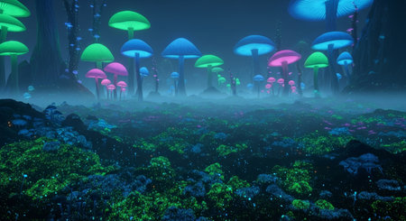 a captivating scene of glowing mushrooms under a foggy sky, creating a mystical and surreal landscape that evokes a sense of wonder and magicの素材