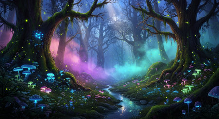 a vibrant forest scene featuring bioluminescent mushrooms, a gentle stream, and an overall magical, dreamlike atmosphere in the twilight.の素材