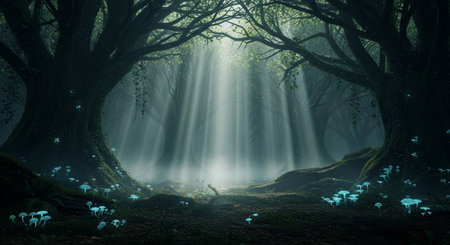 a tranquil forest landscape featuring glowing mushrooms and sunbeams filtering through the trees, creating a mystical and serene atmosphere.の素材