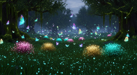 A magical nighttime forest scene featuring glowing butterflies fluttering over colorful plants, creating a whimsical and enchanting atmosphere.の素材