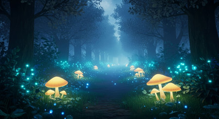 a captivating forest scene at night, illuminated by glowing mushrooms and sparkling lights, creating a mystical and enchanting atmosphereの素材