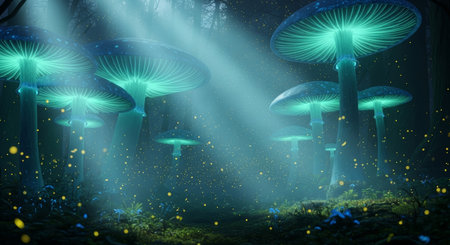 a mystical forest scene featuring glowing mushrooms, light rays, and floating particles, creating a magical and enchanting atmosphere in the dark woodsの素材