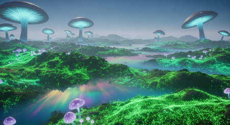 a surreal landscape with glowing mushrooms, rainbow river, starry sky, and hills creates a magical and dreamlike fantasy world scene.の素材