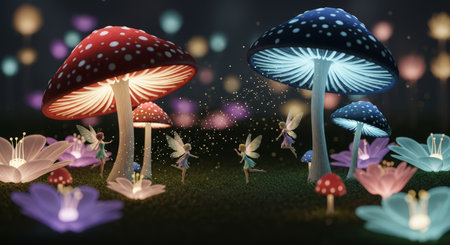 a magical scene featuring glowing mushrooms fairies and flowers in an enchanted forest creating a whimsical and dreamlike atmosphere, so beautifulの素材