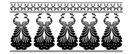 Saree border design concept of peacocks with floral feathers isolated on white background is in Seamless patternのイラスト素材