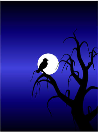 Landscape vector with dry tree, bird and white moon with Dark blue backgroundのイラスト素材