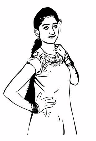 Indian Girl is in Traditional Look - Vector line artのイラスト素材