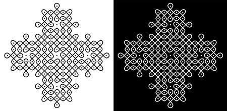 Indian Traditional and Cultural Rangoli or Kolam design concept of Curved lines and dots isolated on black and white backgroundのイラスト素材