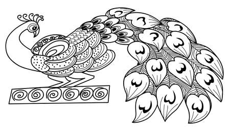 Indian Rangoli or Alpona design concept of Peacock with floral feathers isolated on black and white backgroundのイラスト素材