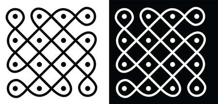Beautiful Indian traditional and cultural Rangoli or kolam design concept of curved lines and dots isolated on black and white backgroundのイラスト素材