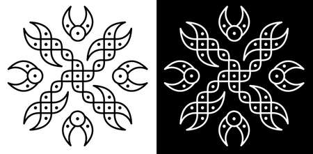 Indian Traditional and Cultural Rangoli or Kolam design concept of Curved lines and dots isolated on black and white backgroundのイラスト素材