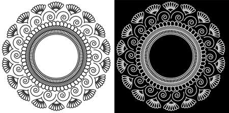Indian Traditional and Cultural Mandala design concept of Floral Rangoli or alpona line art isolated on black and white backgroundのイラスト素材