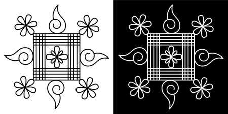 Indian Traditional and Cultural Mandala design concept of Floral Rangoli or alpona line art isolated on black and white backgroundのイラスト素材