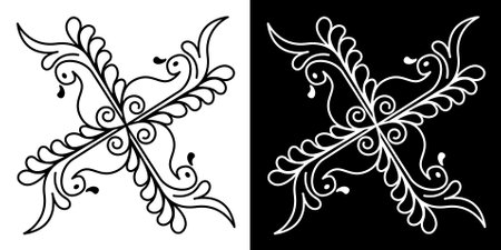 Indian Traditional and Cultural Mandala design concept of Floral Rangoli or alpona line art isolated on black and white backgroundのイラスト素材