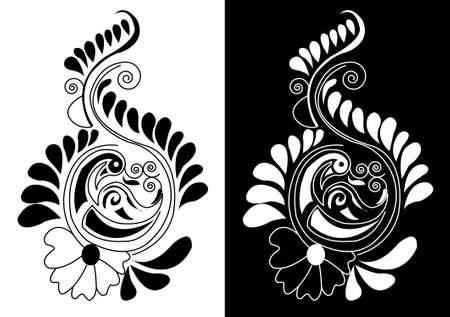 Indian Rangoli or Alpona design concept of Peacock with floral feathers isolated on black and white backgroundのイラスト素材