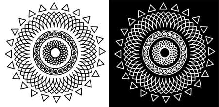 Indian Traditional and Cultural Mandala design concept of Floral Rangoli or alpona line art isolated on black and white backgroundのイラスト素材