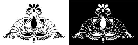 Indian Rangoli or Alpona design concept of Peacock with floral feathers isolated on black and white backgroundのイラスト素材