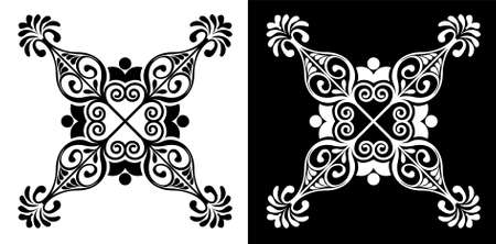 Indian Traditional and Cultural Rangoli or Alpona design concept of floral folk art isolated on black and white backgroundのイラスト素材
