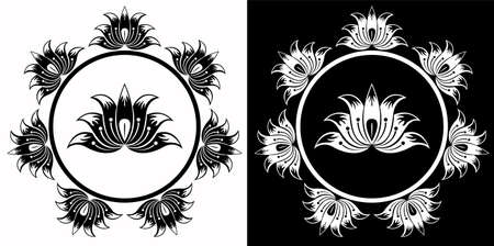 Indian Traditional and Cultural Mandala design concept of Floral Rangoli or alpona line art isolated on black and white backgroundのイラスト素材