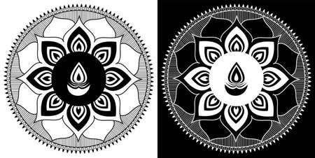 Indian Traditional and Cultural Mandala design concept of Floral Rangoli or alpona line art isolated on black and white backgroundのイラスト素材