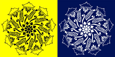Indian Traditional and Cultural Mandala design concept of Floral Rangoli or alpona line art isolated on Yellow and Blue backgroundのイラスト素材