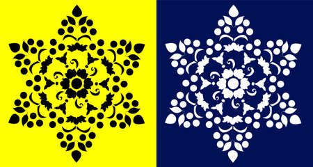 Indian Traditional and Cultural Mandala design concept of Floral Rangoli or alpona line art isolated on Yellow and Blue backgroundのイラスト素材