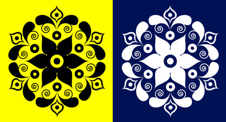 Indian Traditional and Cultural Mandala design concept of Floral Rangoli or alpona line art isolated on Yellow and Blue backgroundのイラスト素材