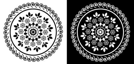 Indian Traditional and Cultural Mandala design concept of Floral Rangoli or alpona line art isolated on black and white backgroundのイラスト素材