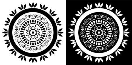 Indian Traditional and Cultural Mandala design concept of Floral Rangoli or alpona line art isolated on black and white backgroundのイラスト素材