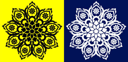 Indian Traditional and Cultural Mandala design concept of Floral Rangoli or alpona line art isolated on Yellow and Blue backgroundのイラスト素材