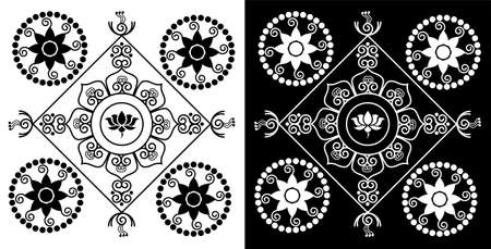 Indian Traditional and Cultural Mandala design concept of Floral Rangoli or alpona line art isolated on black and white backgroundのイラスト素材
