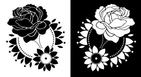 Indian Traditional and Cultural Rangoli or Alpona design concept of floral folk art isolated on black and white backgroundのイラスト素材