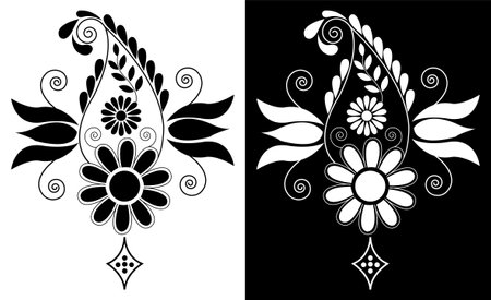 Indian Traditional and Cultural Mandala design concept of Floral Rangoli or alpona line art isolated on black and white backgroundのイラスト素材