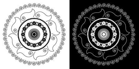 Indian Traditional and Cultural Mandala design concept of Floral Rangoli or alpona line art isolated on black and white backgroundのイラスト素材