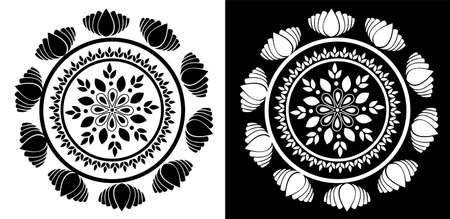 Indian Traditional and Cultural Mandala design concept of Floral Rangoli or alpona line art isolated on black and white backgroundのイラスト素材