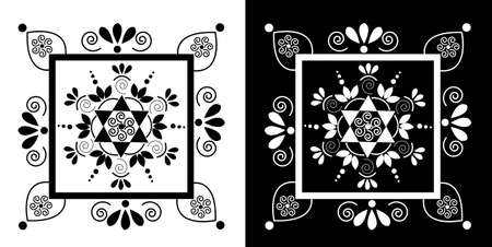 Indian Traditional and Cultural Mandala design concept of Floral Rangoli or alpona line art isolated on black and white backgroundのイラスト素材
