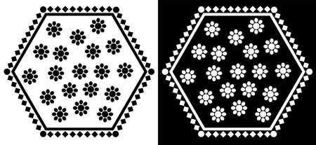Indian Traditional and Cultural Mandala design concept of Floral Rangoli or alpona line art isolated on black and white backgroundのイラスト素材