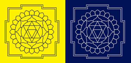 Indian Traditional and Cultural Mandala design concept of Floral Rangoli or alpona line art isolated on Yellow and Blue backgroundのイラスト素材