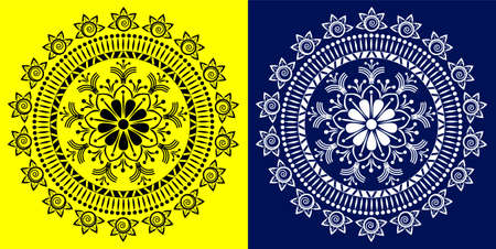 Indian Traditional and Cultural Mandala design concept of Floral Rangoli or alpona line art isolated on Yellow and Blue backgroundのイラスト素材