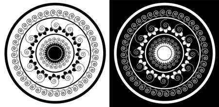 Indian Traditional and Cultural Mandala design concept of Floral Rangoli or alpona line art isolated on black and white backgroundのイラスト素材