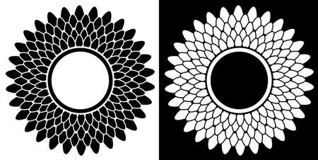black on white round rosette with leaves and bubbles - round mirror frame designのイラスト素材
