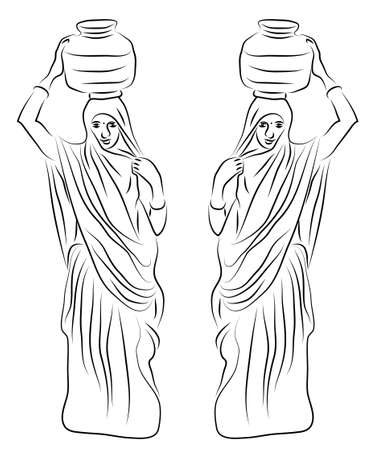 digital abstract  of Indian village woman carrying a water pot on head - vector illustration art.のイラスト素材