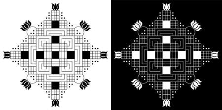 Beautiful Indian traditional and cultural Rangoli or kolam design concept of curved lines and dots isolated on black and white backgroundのイラスト素材