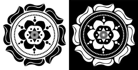 Indian Traditional and Cultural Mandala design concept of Floral Rangoli or alpona line art isolated on black and white backgroundのイラスト素材