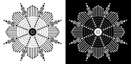 Mandala design concept of Rangoli with circles, straight lines and spirals are isolated in Black and white background - vector illustration artのイラスト素材