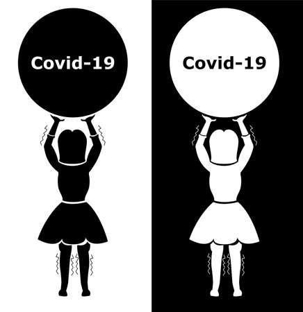 Girl holding weight of covid 19 or coronavirus with shaking hands and legs - vector illustrationのイラスト素材