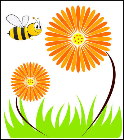 Happy Flying Bee with colorful flowers and grass - vector illustration artのイラスト素材