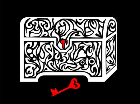 Ancient treasure box with lock and key isolated on black background - vector illustrationのイラスト素材